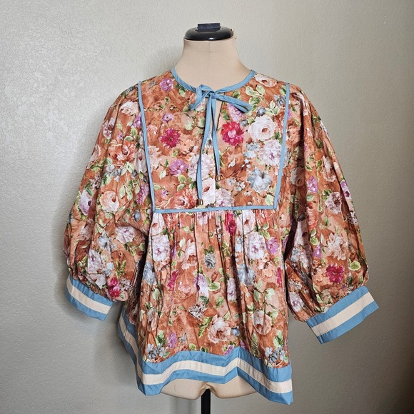 Entro Floral Print Puff Sleeve Peasant Blouse Women's Small Blue Trim Tie Neck - Picture 2 of 10
